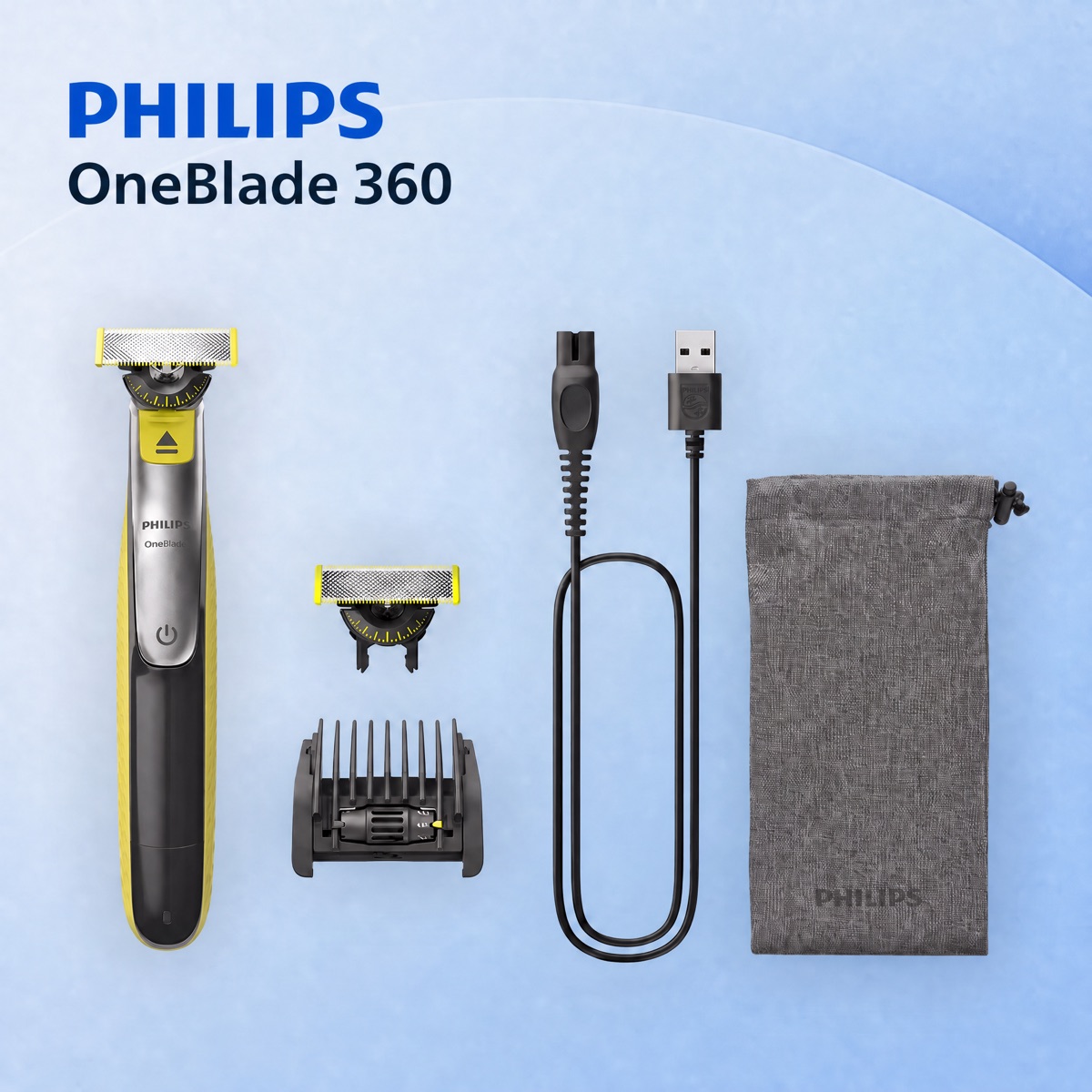 Philips OneBlade 360° Rasierer + Ersatzklinge + 5-in-1 Kammaufsatz